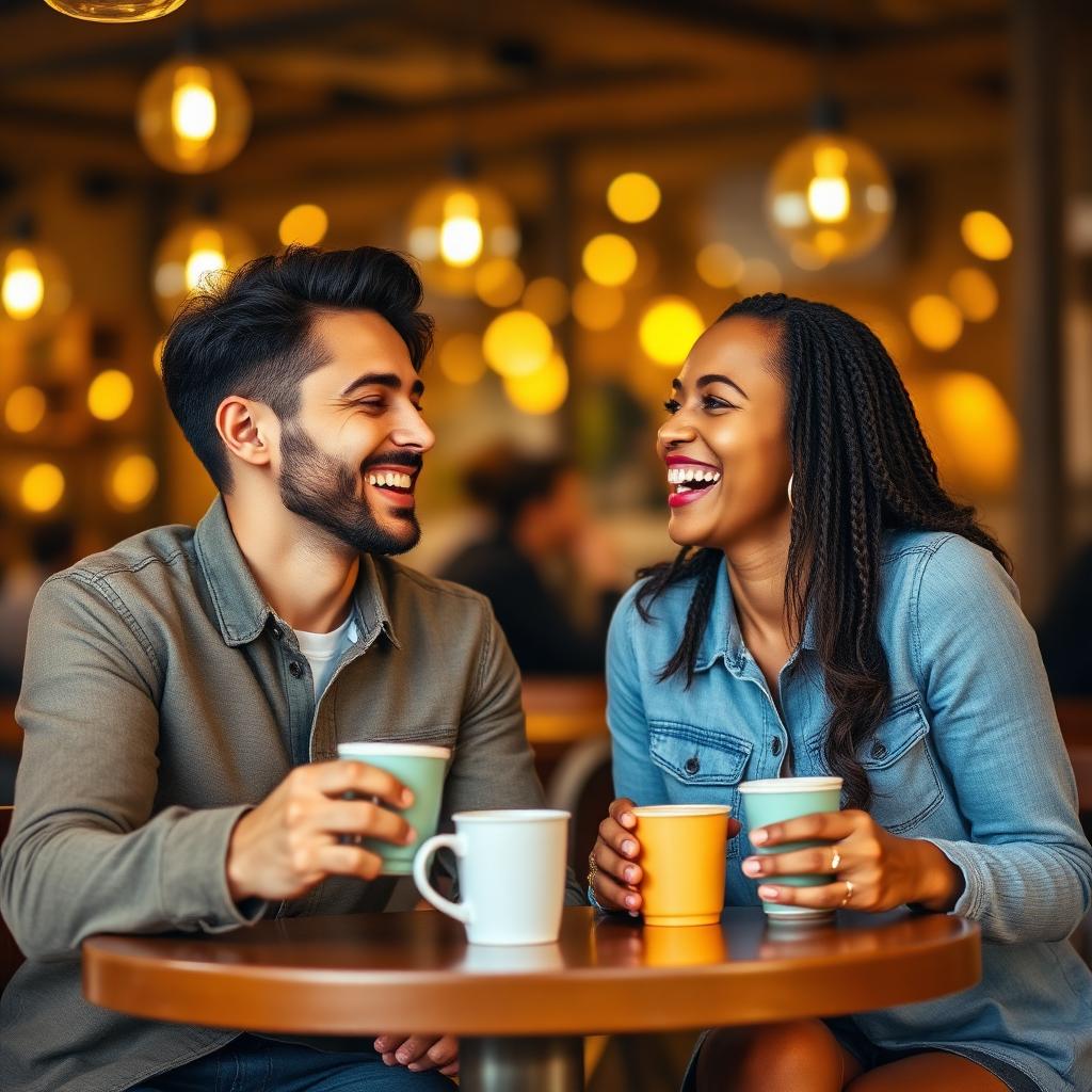 Couple laughing on a coffee date